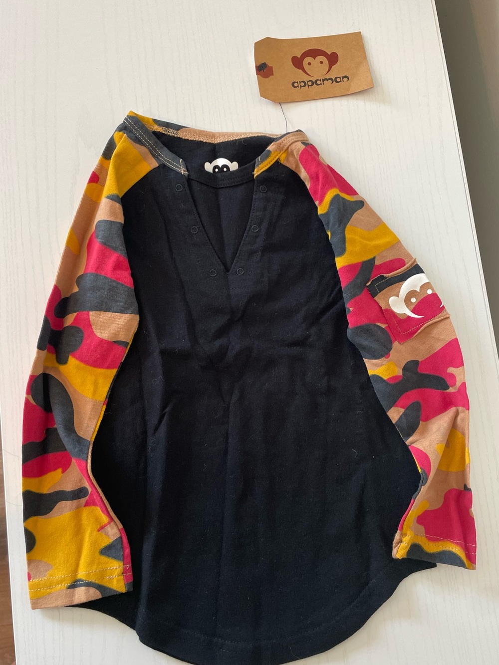 Appaman Black Raglan Shirt with red, Yellow & Tan Camo Sleeves